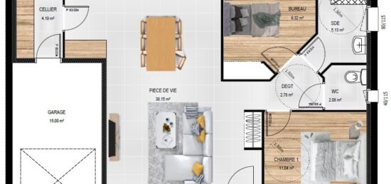 Plan de maison Surface terrain 72 m2 - 4 pièces - 2  chambres -  avec garage 
