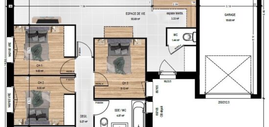 Plan de maison Surface terrain 128 m2 - 7 pièces - 5  chambres -  avec garage 