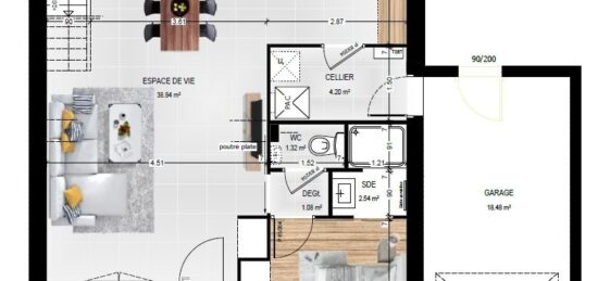 Plan de maison Surface terrain 107 m2 - 6 pièces - 4  chambres -  avec garage 