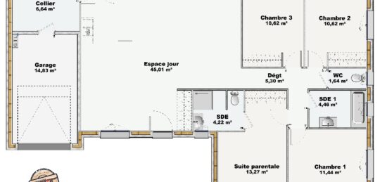 Plan de maison Surface terrain 113 m2 - 5 pièces - 4  chambres -  avec garage 